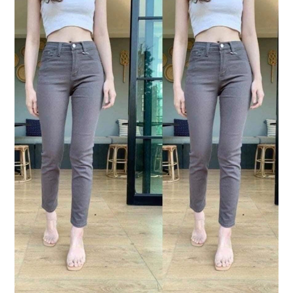 2NaraJeans ยีนส์ทรงบอย ผญ เอวสูง ผ้ายืด เก็บทรงสวย กางเกงยีนส์ สีเทา