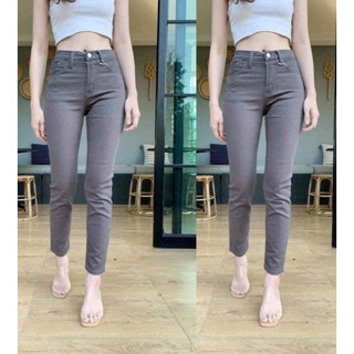 2NaraJeans ยีนส์ทรงบอย ผญ เอวสูง ผ้ายืด เก็บทรงสวย กางเกงยีนส์ สีเทา
