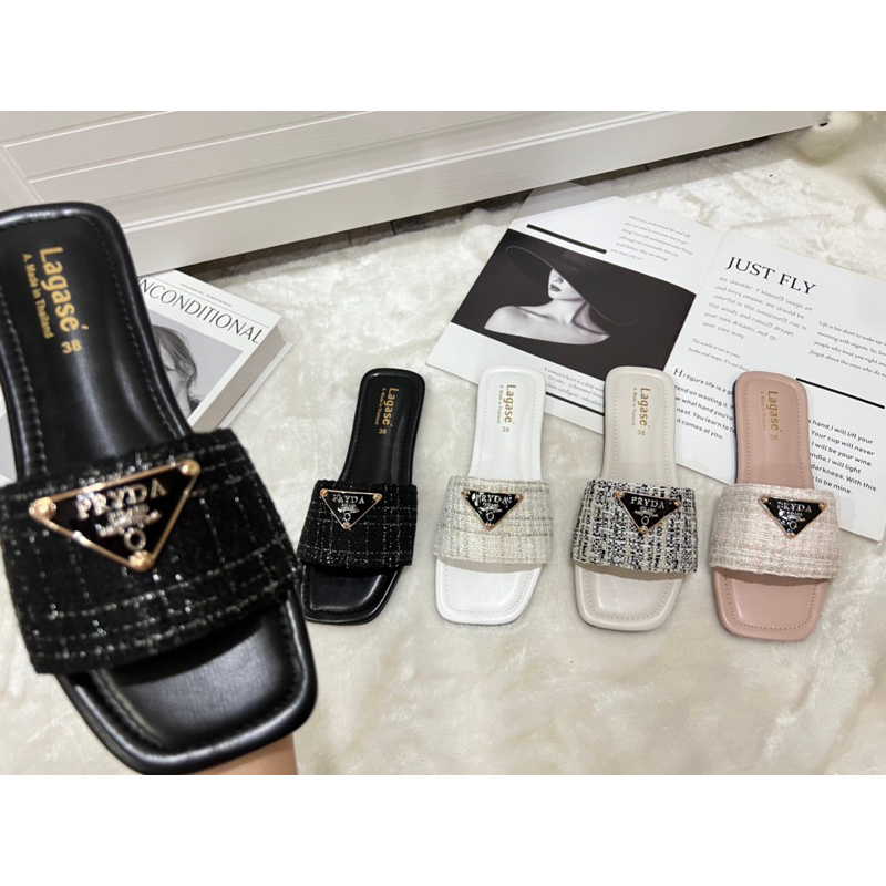 🎀Rinyashoes🎀รองเท้าแตะแบบสวมติดอะไหล่PDผ้าทวิต มี4 มีไซด์36-44 สินค้าพร้อมส่งนะคะ