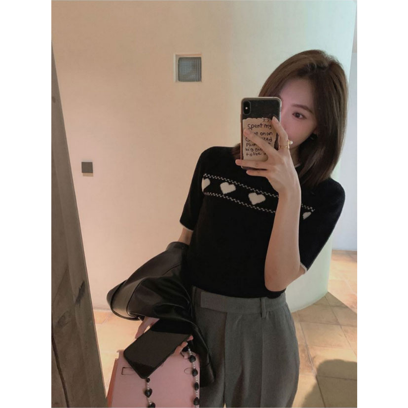 ล้างสต็อก🔥 PBB66052 เสื้อไหมพรมลายหัวใจ เสื้อสวมหัวสเวตเตอร์คอกลมแขนสั้นแฟชั่นสุดน่ารักสไตล์ญี่ปุ่น ผ้าไหมน้ำแข็ง