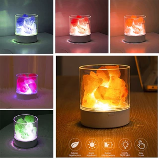ไฟกลางคืนห้องนอน โคมไฟเกลือคริสตัลหิมาลัยเกลือหินที่มีสีสันโคมไฟ Usb บนโต๊ะชาร์จตกแต่งห้องไฟกลางคืนแสง ไฟข้างเตียง โคมไฟ