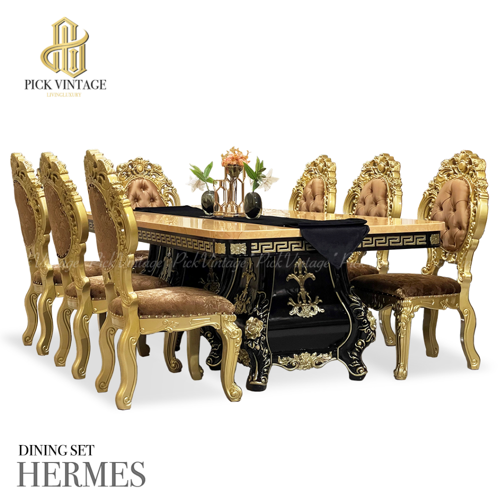 HERMES luxury Baroque dining set :  ชุดโต๊ะอาหารสไตล์บาร็อค หลุยส์ สีทอง 8ที่นั่ง รุ่น เฮอร์มีส