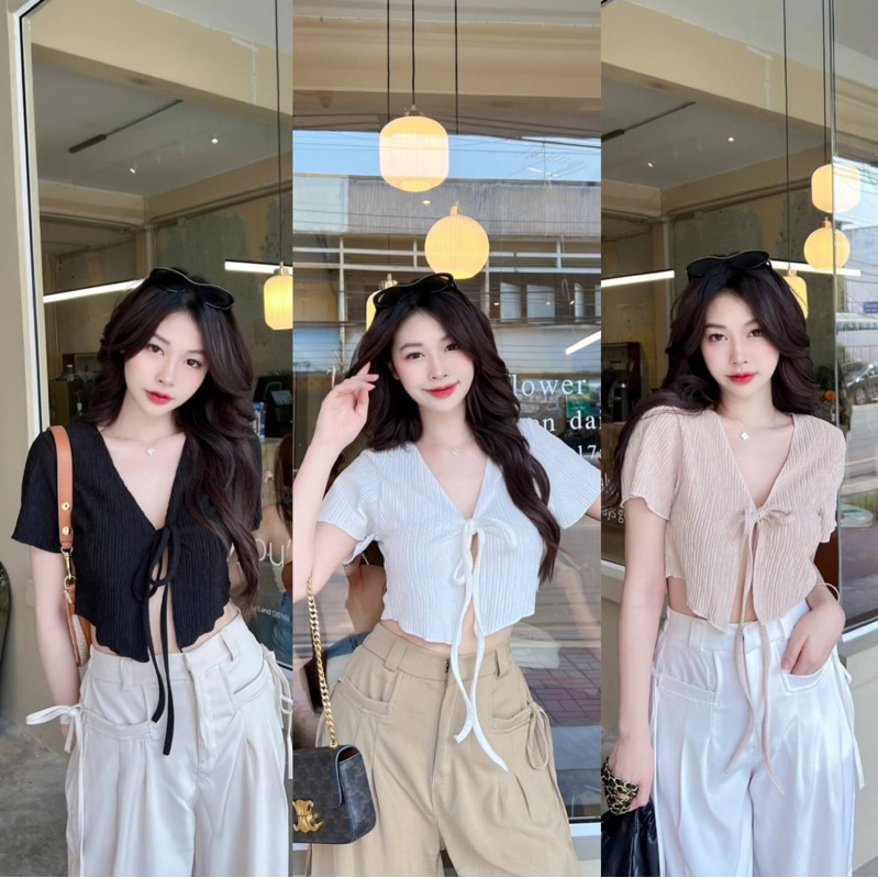 เสื้อผูกอก เสื้อครอปผูกอก งานน่ารักๆ ไปคาเฟ่ ป้าย Sheeny. (ตัวสั้น)