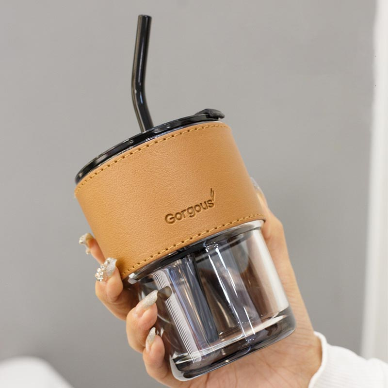 [Gorgours] 450ml แก้วกาแฟ มีที่จับกันความร้อน   สไตล์มินิมอล พร้อมหลอดแก้ว ฝาปิด