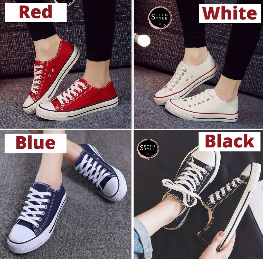 รองเท้าผ้าใบ​หญิง-ชาย รองเท้าคู่ ผ้าใบสีขาวแถบแดง ผ้ทใบขาวแถบดำ