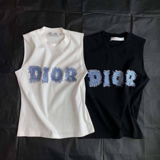 CHRISTIAN DIOR BLUE GLITTER LOGO PATCH COTTON VEST เสื้อกล้าม แขนกุด แบรนด์คริสเตียนดิออร์