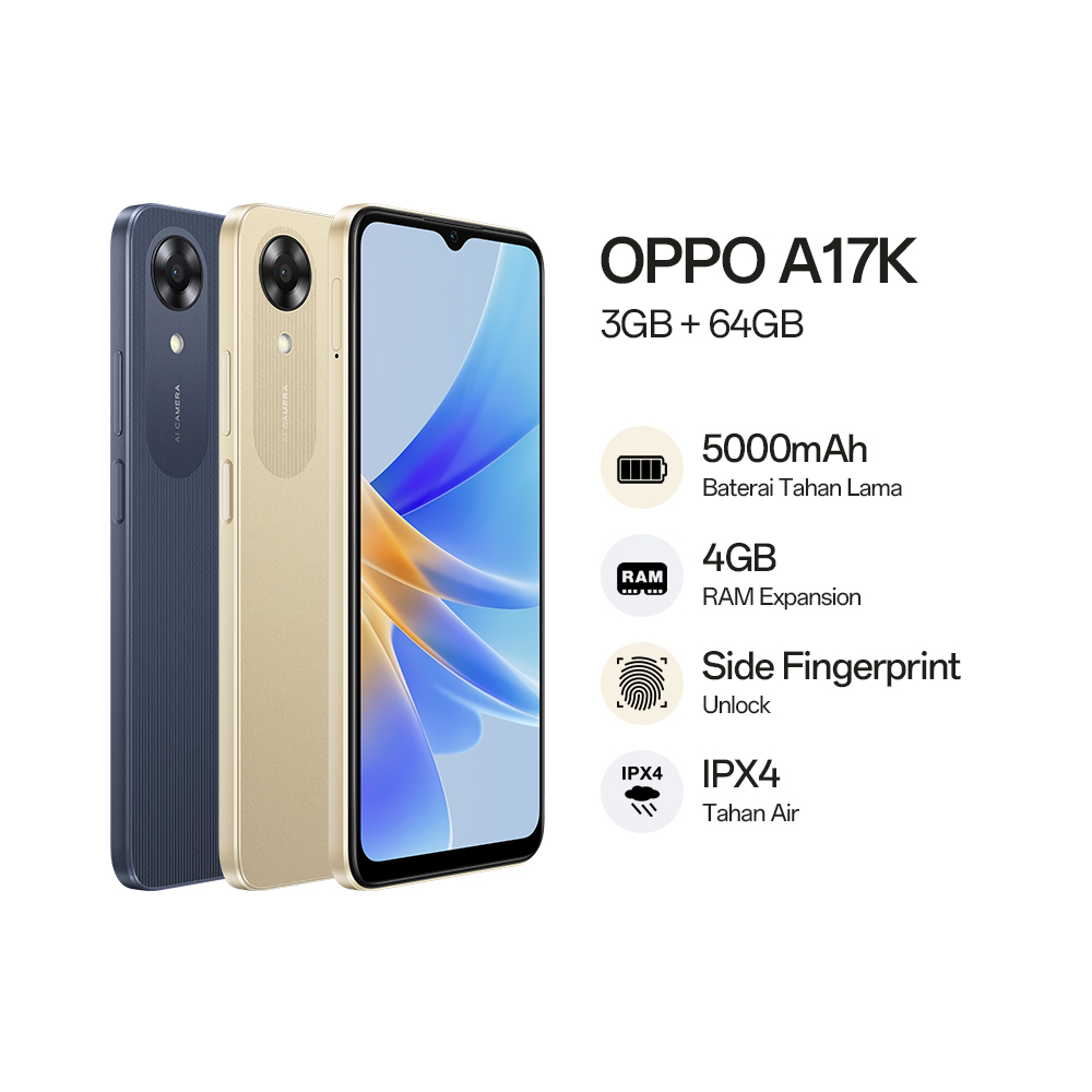 OPPO A17k (3+64GB)| โทรศัพท์มือถือ แบตใหญ่ 5,000mAh สแกนลายนิ้วมือด้านข้าง รับประกัน 12 เดือน