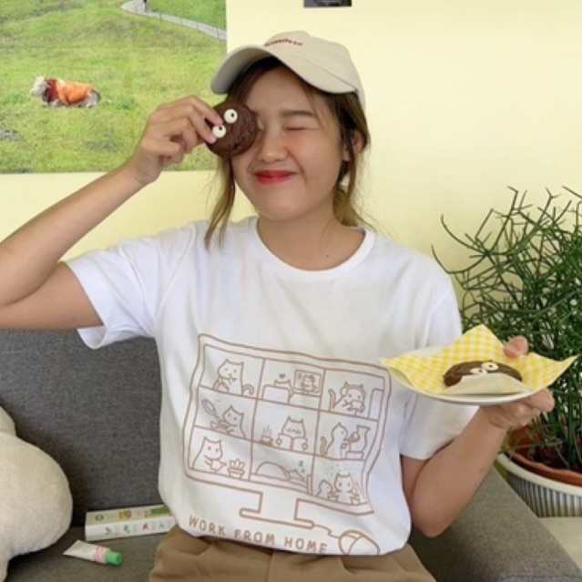 พร้อมส่ง เสื้อยืดลายแมวทำงานสุดน่ารักWFHผ้าคอตตอน100% มีหลายไซส์