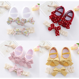 รองเท้าเด็กประดับโบว์ มีกันลื่น +โบว์คาดผมสําหรับเด็กทารกแรกเกิด