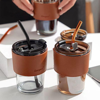แก้วกาแฟ พร้อมหลอดแก้วสีใส มีที่จับกันความร้อนT-107
