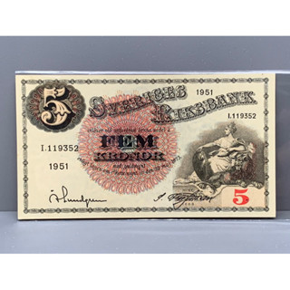 ธนบัตรรุ่นเก่าของประเทศสวีเดน ชนิด5kronor ปี1951 UNC