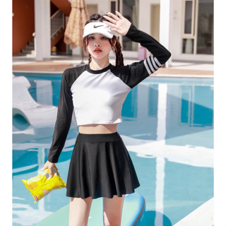 sunorabkn *2367* ชุดว่ายน้ำเซ็ท 2 ชิ้น ใส่ออกกำลังกายได้นะคะ เสื้อแขนยาว กับกระโปรงมี2สี