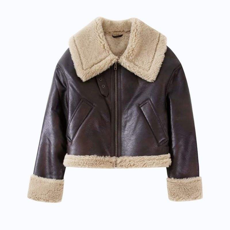 พร้อมส่ง 2สี เสื้อหนังบุขนแกะสีครีมกันหนาว *เริ่มต้นขนาดใหญ่ อ่านขนาดก่อนสั่งค่า* (T121) - รูปที่ 2