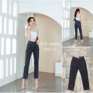 G.D.Jeans รุ่น  1187-2#กางเกงยีนส์ขายาวผ้าด้านทรงบอยเอวสูงกระดุมหน้าสองเม็ดฟอกสีดำฟอกทรงเรียบ