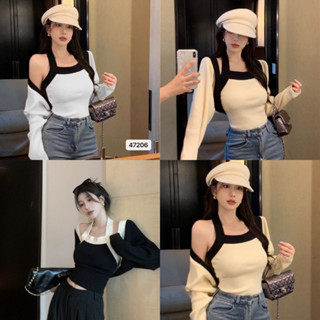ttShop ❤️พร้อมส่ง ❤️เสื้อสายคล้องคอไหมพรม+เสื้อคลุม ผ้านิ่มใส่สบายเกาหลีเกาใจ "47206"