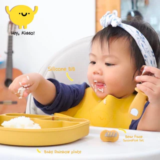 Heykiddo : Baby Rainbow Plate จานก้นดูดสายรุ้ง จานซิลิโคนทานอาหาร พร้อมฝาปิด สีสดใส พร้อมช่องแบ่ง 3ช่อง