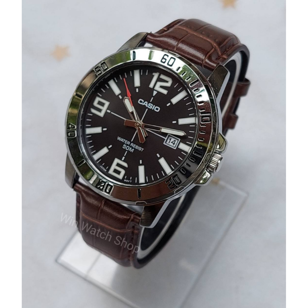 นาฬิกาCasio แท้ รุ่น MTP-VD01L-1B  นาฬิกาข้อมือผู้ชายสายหนังสีน้ำตาล หน้าปัดดำ- ของแท้ 100% รับประกันสินค้า 1 ปี