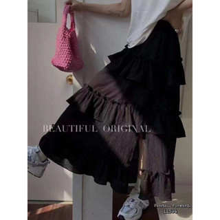 🇰🇷New🇰🇷  มาละค้า Korea ruffle black skirt กระโปรงยาวมาใหม่เลยค้า เอวสมอคอย่างดี แต่งระบายชั้น