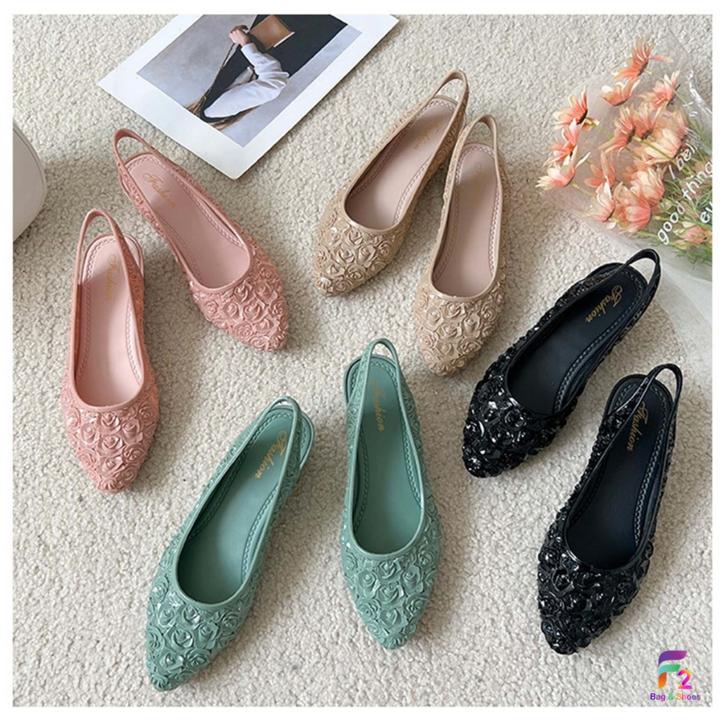 F2 พร้อมส่ง รองเท้าคัชชูหัวแหลม มีรัดส้น แต่งลายดอกกุหลาบ 4 สี