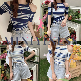 Miniyiness ถักแขนสั้น คล้องคอ เสื้อถักนิตติ้ง ผอมเพรียว แฟชั่น อ่อนเยาว์ ถักเปิดไหล่แขนสั้นผ้ายืดดีมาก