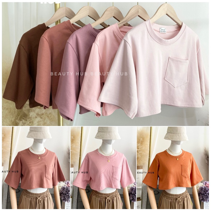 [#040] เสื้อครอปโอเวอร์ไซส์ crop oversize ทรงเบสิค แต่งกระเป๋าหน้า เอวลอย ถ่ายจากงานจริง