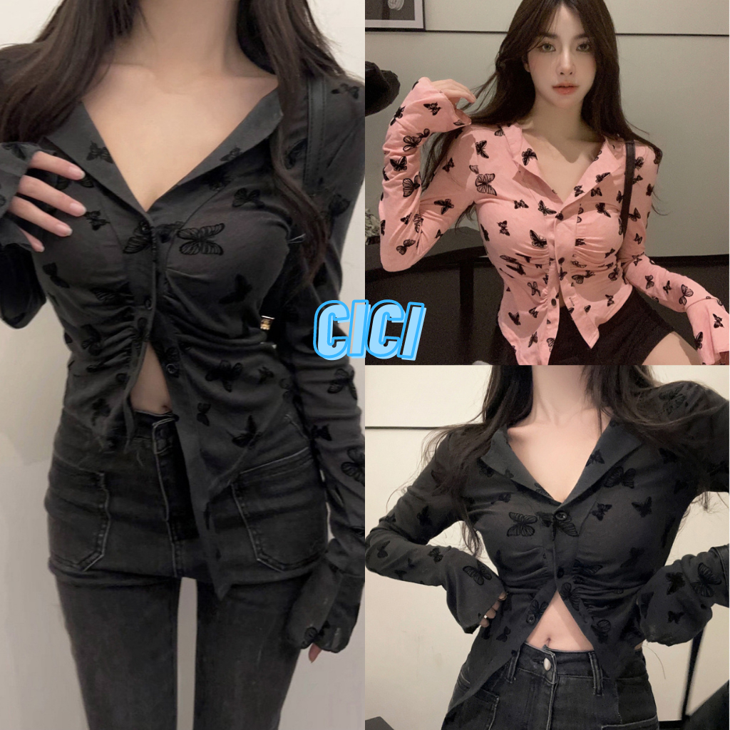 ส่งทันที Cici(NO. G30)เสื้อแขนยาวซีทรูเบาๆคอวี กระดุมหน้าพิมพ์ลายผีเสื้อ ใส่กับ everyday look ได้ง่ายๆ