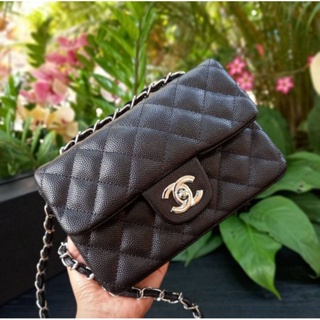 ส่งฟรี💥 กระเป๋าสะพายข้าง พรีเมี่ยมกิ๊ฟแท้ Chanel สีดำ คาเวียร์ 8นิ้ว ผู้หญิง อะไหล่เงิน สุดฮิต