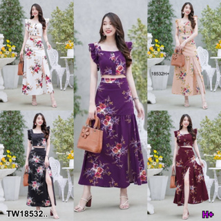 J18532 set 2 ชิ้น เสื้อครอปไหล่ระบายลายดอกไม้ + กระโปรงยาว set: crop top, ruffled shoulder, floral pattern + long skirt