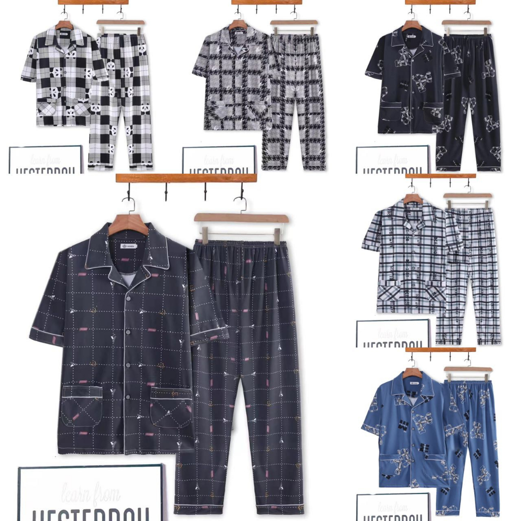 ชุดนอน สำหรับผู้ชาย เสื้อแขนสั้น + กางเกงขายาว คอตตอนผสมการ์ตูน ผ้านิ่มมาก ไซส์ใหญ่ กระดุมหน้าคอปก ฟรีไซส์