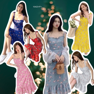 👗🌸 FF10423   Dress เดรสยาว ผ้าไหมอิตาลี่ พิมดอกไม้ ดีเทลไหล่ผูกโบว์ มีซิปหลัง ชายเดรสแต่งระบายรอบๆ🧡💛