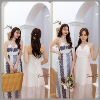 Maxi dress ลูกไม้วงกลมลายสีสลับลายสวยสะดุดตา