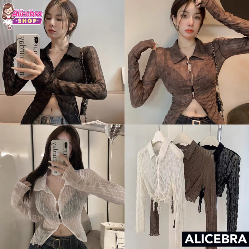 𝗔𝗟𝗜𝗖𝗘𝗕𝗥𝗔 เสื้อแขนยาวคอปกกระดุมหน้าซีทรูเบาๆสีแพงมากจะใส่เดี่ยวหรือใส่คลุมก็ปังสวยเป้ะสุด