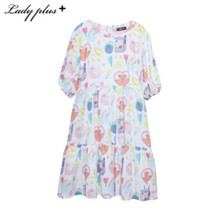 Lady Plus เดรสแขนบอลลูนลายกราฟฟิค | Print Dress with Puff Sleeves ชุดเดรส สีขาว