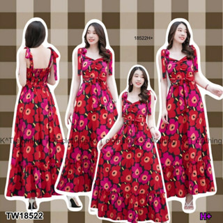 B18522 แม็กซี่เดรสยาว สายผูกไหล่ สายผูกเอว ลายดอกไม้ Long maxi dress, shoulder straps, waist strap, floral print