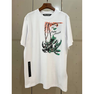 PALM ANGELS WHITE UPSIDEDOWN PALM-PRINT ORGANIC COTTON T-SHIRT เสื้อยืดคอกลมแขนสั้น แบรนด์ปาล์มแองเจิล