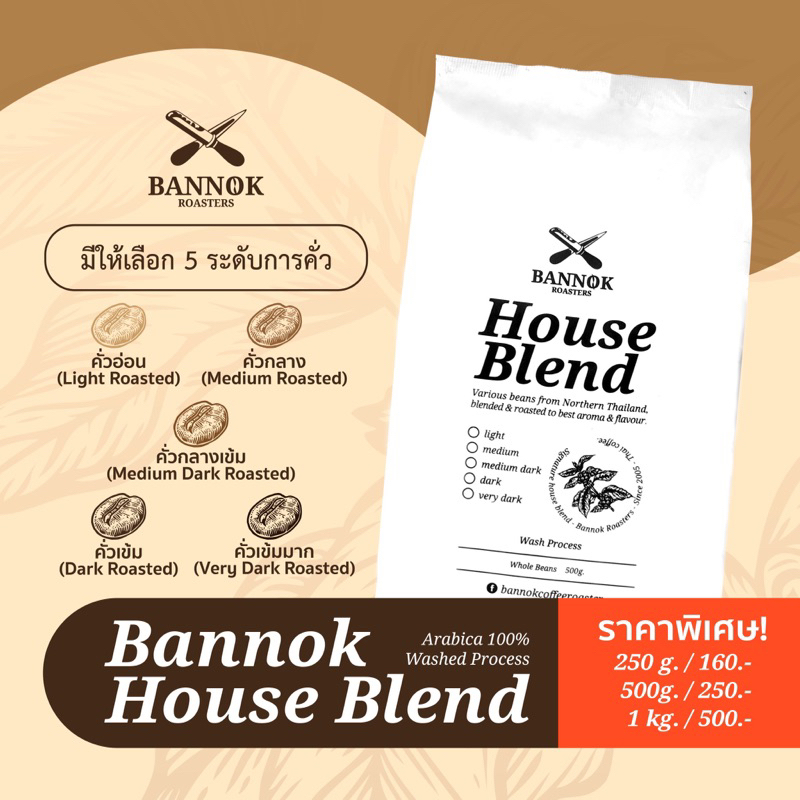 เมล็ดกาแฟ?คั่ว House Blend? ขนาด 250g -1kg  - BANNOKCOFFEE