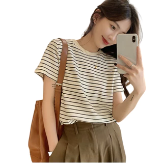 NINGFASHION เสื้อยืดเเขนสั้นผู้หญิงลายริ้ว รุ่น W9937