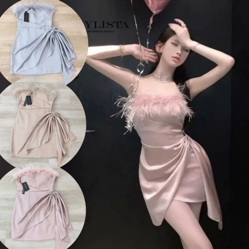 Stylista​ แท้💯ตรงปก✨พร้อมส่ง-ร้านนี้มีเลย✅ไม่ต้องเช็ค*ส่งไว💐เดรสเกาะอกขนนก ชุดออกงานสี​ ครีม​ ทอง​ เ