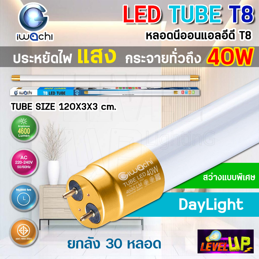 (ยกลัง 30 หลอด) IWACHI หลอดไฟนีออนยาว หลอดประหยัดไฟ LED TUBE T8 40W ขั้วสีทอง สว่างเต็ม 4,600 LM (แสงสีขาว DAYLIGHT)