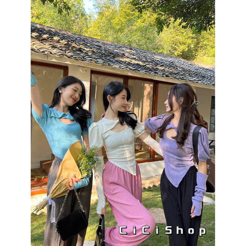 Cicishop(2.2 /สุ่มสี.   J310)เสื้อแขนสั้นคอกลมเว้าอก ชายเหลี่ยมมาพร้อมปลอกแขนได้ลุคโคเรียๆ