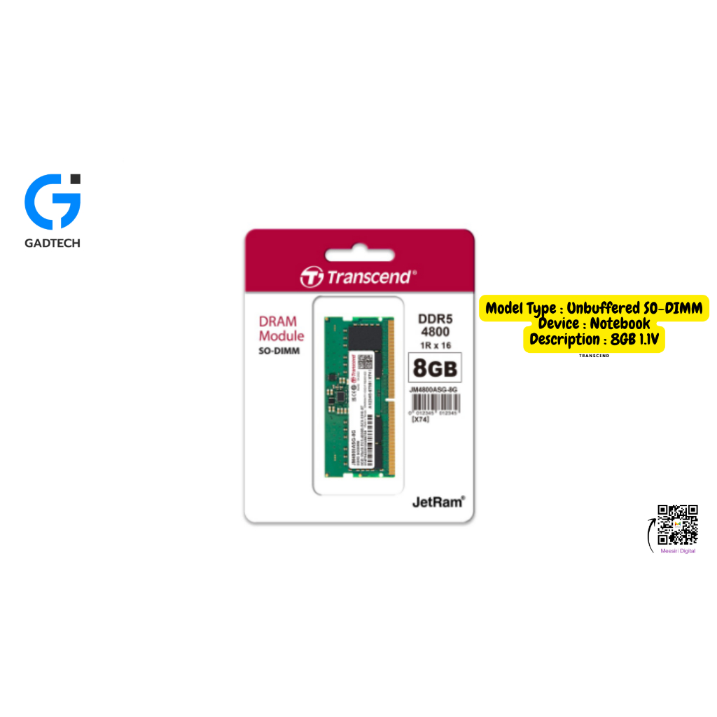 Transcend RAM-Memory DDR5-4800 SO-DIMM 8GB รับประกันตลอดอายุการใช้งาน-มีใบกำกับภาษี JM4800ASG-8G