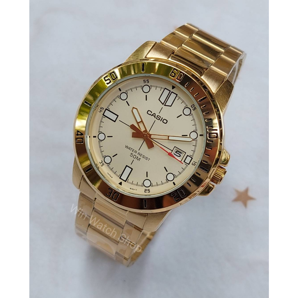 นาฬิกา Casioแท้ รุ่น MTP-VD01G-9E นาฬิกาผู้ชายสายแสตนเลสสีทอง หน้าปัดทอง ของแท้ 100% รับประกันศูนย์ CMG 1 ปี