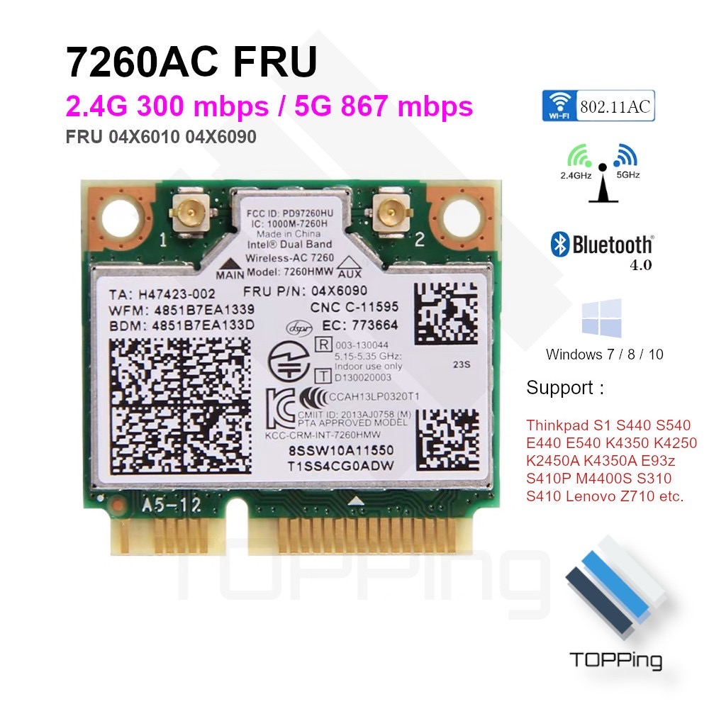 Dual Band Wireless WiFi Card 7260HMW 7260AC FRU: 04X6090 04X6010 Mini PCI-e BT4.0 for Lenovo, Thinkpad