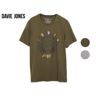 DAVIE JONES เสื้อยืดพิมพ์ลาย สีเทา สีเขียว ทรง Regular Fit Graphic Print T-Shirt in grey green TB0264TD GR