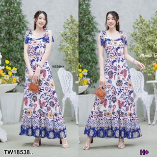 MM18538 Maxi dress ผูกไหล่ลายดอกผ้าเชิง แบบผูกเอง Maxi dress tied to the shoulder, floral pattern, self-tie fabric..