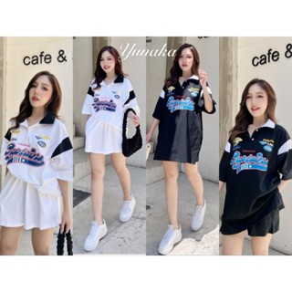 ชุดเซ็ต 2 ชิ้นเสื้อเชิ้ตคอปกแขนสั้นคอโปโลกระดุมหน้า มาพร้อมกางเกงขาสั้นเอวยืด