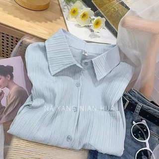ล้างสต็อก🔥 PBB2933 เสื้อเชิ้ตอัดพลีทผ้าคอตตอนลินินคอปกแขนยาวผู้หญิง เสื้อแฟชั่นเกาหลีสีทึบเรียบง่ายลำลอง ทรงหลวม ใส่สบาย