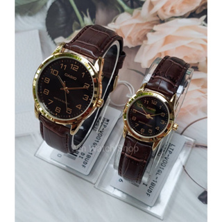 นาฬิกาคู่รัก Casio รุ่น MTP-V001GL-1B และ LTP-V001GL-1B นาฬิกาสายหนังสีน้ำตาล หน้าปัดสีดำ -ของแท้ รับประกัน 1ปีเต็ม