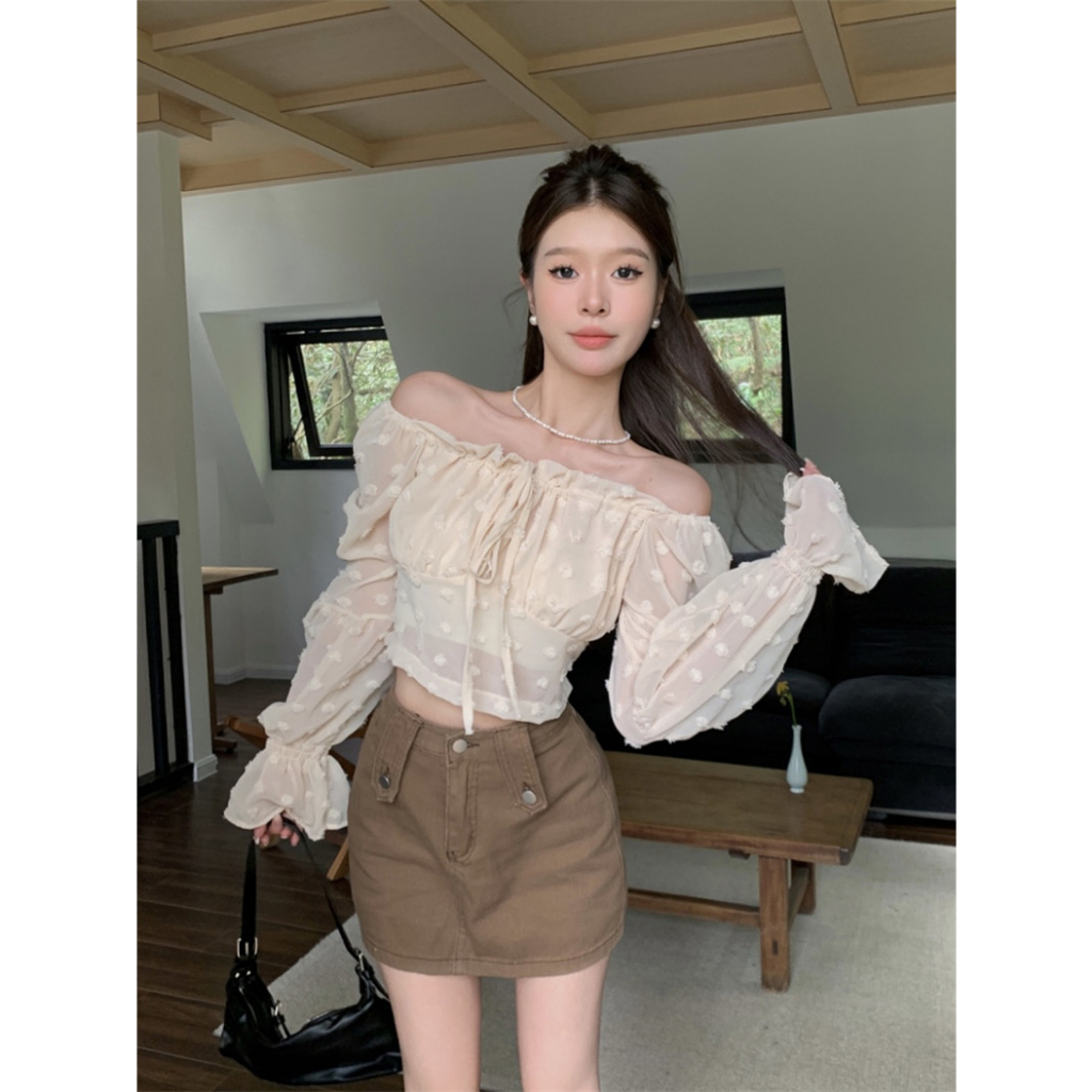 ส่งทันที Cici(SALE. Y18)เสื้อครอปชีฟองแขนยาว ปักลูกไม้ ใส่แล้วดูน่ารักมากๆ จับแมทช์ได้ง่าย - รูปที่ 6