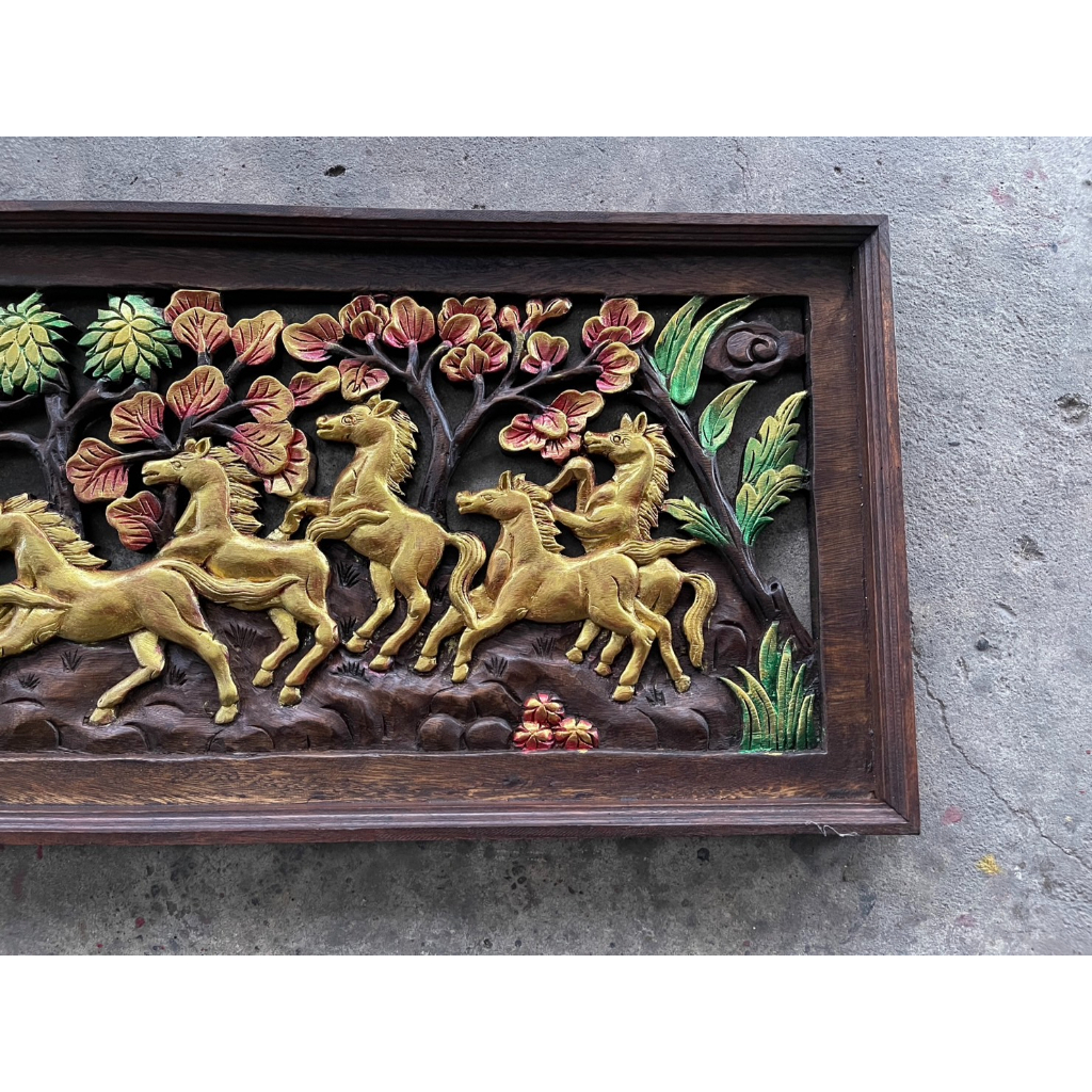 กรอบรูปไม้แกะสลัก ฝูงม้าวิ่ง ไม้จามจุรี 38x100 cm หนา ½ นิ้ว ม้า 8เซียน  ม้ามงคล  งานไม้ แกะสลัก ตกแต่ง ผนัง - รูปที่ 4